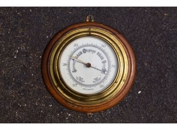 Vintage Brass Barometer Mounted On An Oak Base