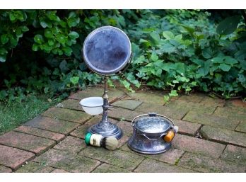 Vintage Silverplate Shaving Mirror, Shaving Cream Brush And Lidded Jar