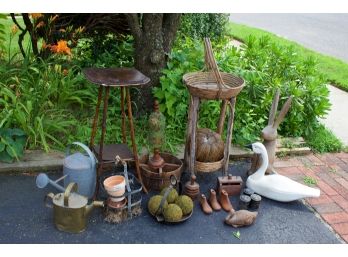 Fun Vintage Group Of Mostly Gardening Accessories, Square Stand And A Bentwood Basket Stand