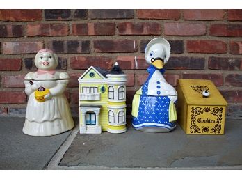 Three Vintage Ceramic Cookie Jars And A Tin Hinged Lidded Box