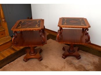 Pair Vintage Mahogany Two Tier Inlaid Side Tables