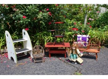 Group Of Stools And Vintage Miniature Doll Accessories