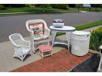 Group Of Five White Wicker Furniture