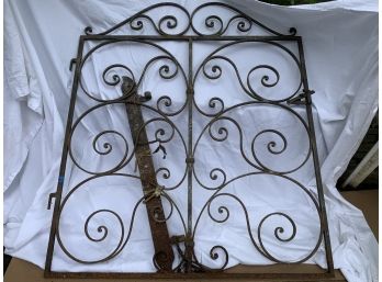 Large Antique Wrought Iron Metal Gate With Two Doors, Hinges