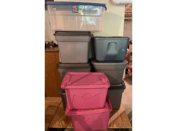 Nine Plastic Storage Totes