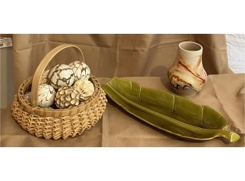 Basket, Leaf Serving Dish, And Vase