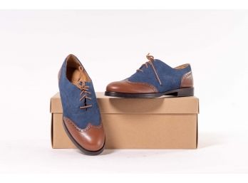 Quero Handmade Shoes 'Jane' Blue Suede & Brown Leather Oxford, Women's Size 7.5 (38)