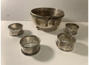 237, Pewter Lot Bowl With Ribbon And Napkin Rings