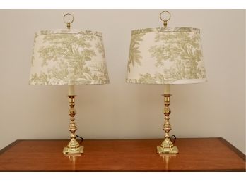 Set Of Two Brass Lamps With Pretty Green Nature Themed Lamp Shades