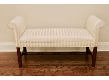 Ethan Allen White Satin And Raw Silk Striped Roll Arm Bench