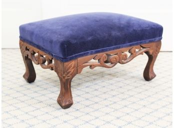 Ornately Carved Foot Stool Upholstered In Custom Blue Velvet Fabric