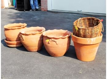 Assorted Of Clay Planters And One Hanging Wicker Basket