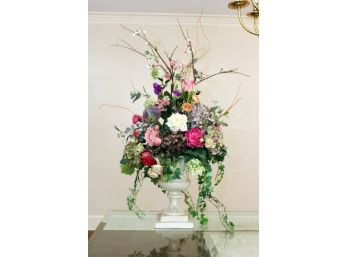 An Elegant Silk Floral Arrangement Custom Designed For This Elegant Grecian-inspired Stone Urn