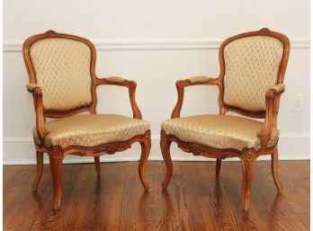 Pair Of Vintage Carved Wood Bergere Chairs In The Hollywood Regency Style