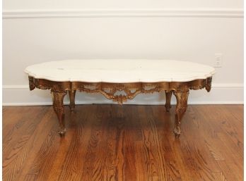 A French Inspired Louis XV Oval Carved Wood Table Base With White Marble Top