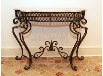 A Custom Classic-designed Wrought Iron Console Table With Marble Top