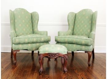 Pair Of Antique Wingback Armchairs And Matching Foot Stool In A Classically Designed Stark Fabric