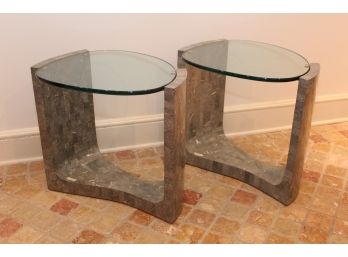 A Pair Of Tessellated Fossil Stone Custom Designed Glass Topped Accent Tables, Designed By Casa Bique