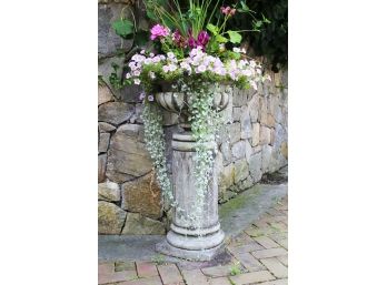 Pair Of Classic Stone Urns Perched Atop Classic Column Pedestals (with Live Plants)