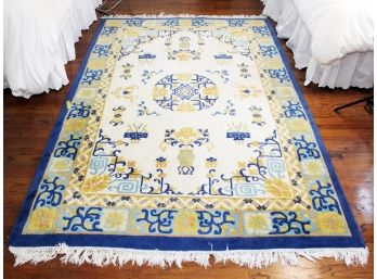 A Vintage Hand- Knotted Oriental Wool Rug In Blue, Cream, Turquoise And Gold