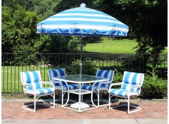 A Vintage Woodard Square Dining Table, Four-chairs And An Umbrella With Stand