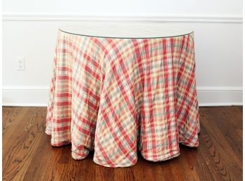 Custom Made Round Table With Red, Green And Yellow Checked Lined Tablecloth