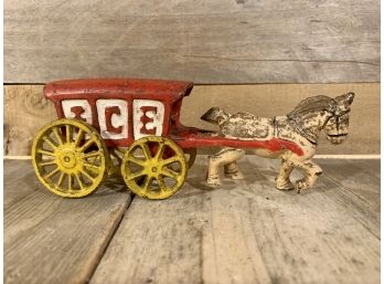 Vintage Cast Iron Toy White Horse With Red Ice Wagon Cart