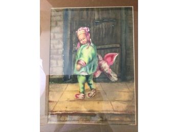 Antique Chinese Watercolor Boy With Kite Matted Framed