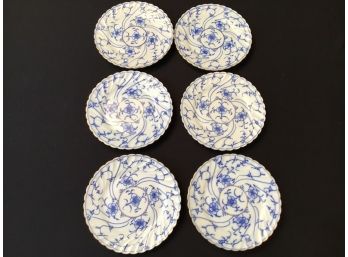 Set Of 6 Antique German Blue & White 6.5 Inch Plates Gilt Decoration Tettau Porcelain