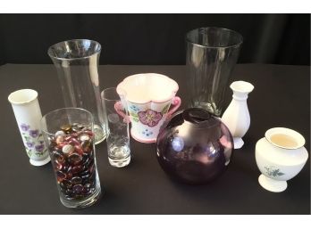 Lot  Of Nine Vases Ceramic And Glass Amethyst Etched More