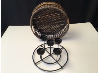 Contemporary  Basket And Metal Candelabra Lot