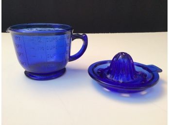 Cobalt Glass Reamer And Measuring Cup