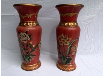 129, Pair Of Tall Red Vases