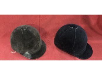 Two Black Velvet Equestrian Riding Helmets