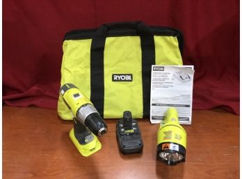 Ryobi Cordless Rechargeable Drill And Flashlight With Power Tool Bag