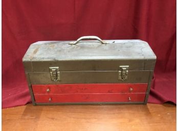 Vintage Metal Tool Box With Handle Interior Top Storage Tray And Two Pull Out Drawers