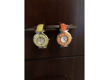 Two Colorful Time Square Bracelet Watches Orange And Green Quartz Movement