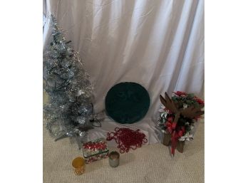 Nice Mixed Lot Of Christmas Items Lighted Tree Green Etched Glass Platter Adorable Reindeer Decor And More