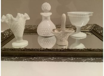 Antique Milk Glass Vase, Perfume Bottle And Footed Bowl, Porcelain Basket,  Jewelry Mirror