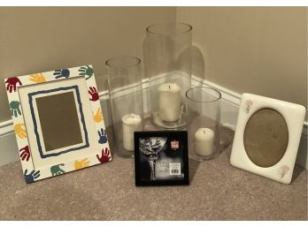 Home Decor Lot Three Decorative Glass Jars With Candles And Three Picture Frames