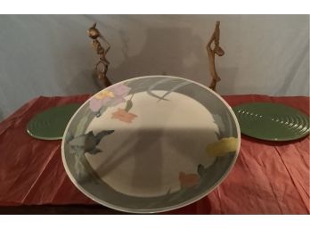 Ceramic Serving Platter, Two Ceramic Hot Plates, Wooden Statues