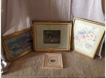 Four Pieces Of Beautifully Framed Floral Art And Water And Boat Scene And More.