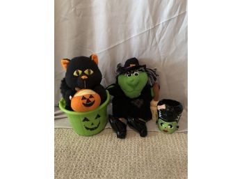 Halloween Fun Lot Of Four Stuffed Cat Witch Bucket And Cool Ceramic Cup