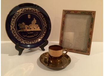 Antique La Cibeles Madrid Dish Blue/gold, Cup And Saucer Made In England, Picture Frame