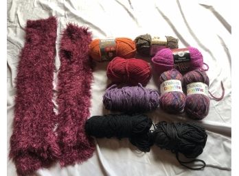 Mixed Lot Of Yarn 9 Pieces And Two Handmade Burgundy Scarves