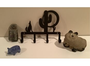 Household Decor:  Black Wall Hanger With 4 Hooks(8x6)  Two Ceramic Animals And More!