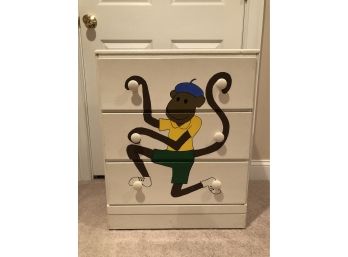 Three Drawer White Wood Dresser With A Painted Monkey