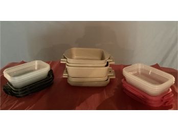 Six Plastic Storage Containers With Lids And  Three Microwavable Containers