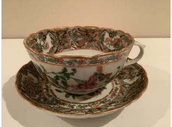 Late 19th Century Chinese Export Hand Painted Rose Medallion Tea Cup And Saucer