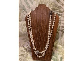 Vintage Oval Simulated Pearl Extra Long Necklace Silver Tone Rhinestone Spacers